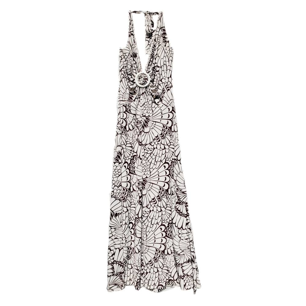 Vintage Halter Maxi Dress Brown White Print Ciachella Festival Summer Y2K